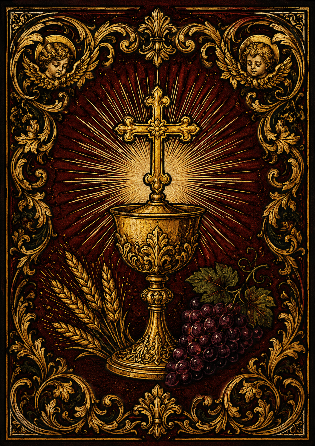 Molde Corpus Christi ilustrado — Cálice e cruz com anjos