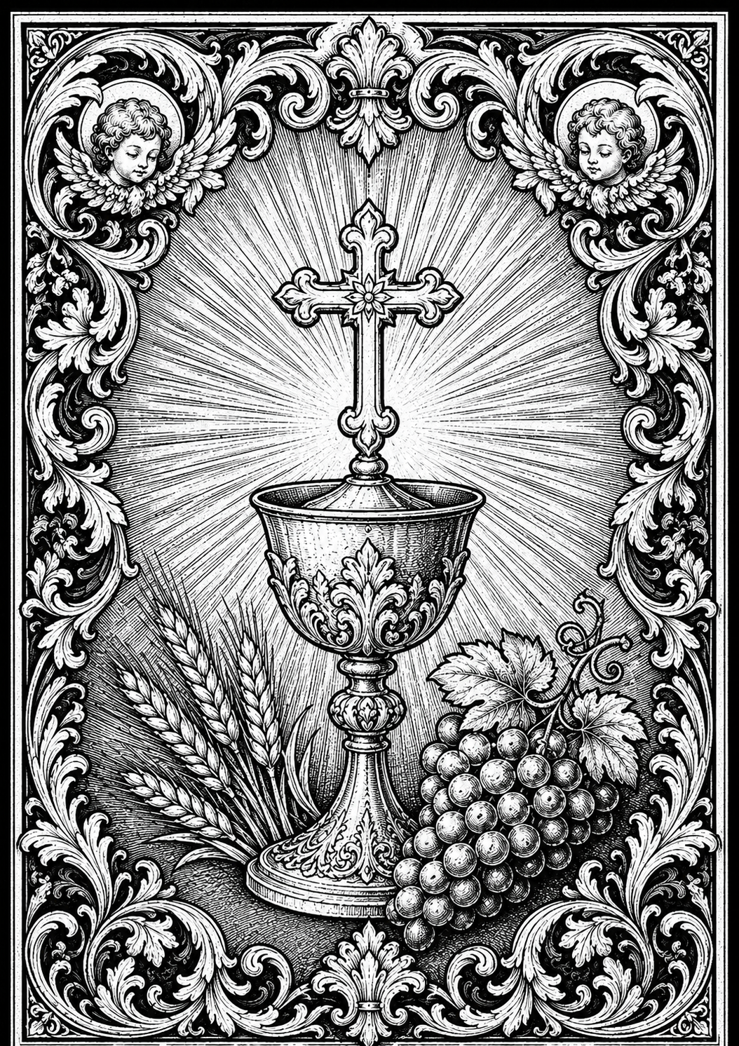 Molde Corpus Christi para colorir — Cálice e cruz com anjos