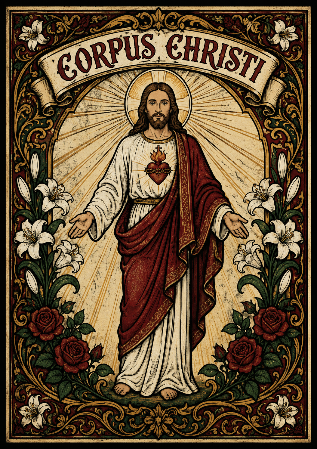 Molde Corpus Christi ilustrado — Sagrado Coração com lírios