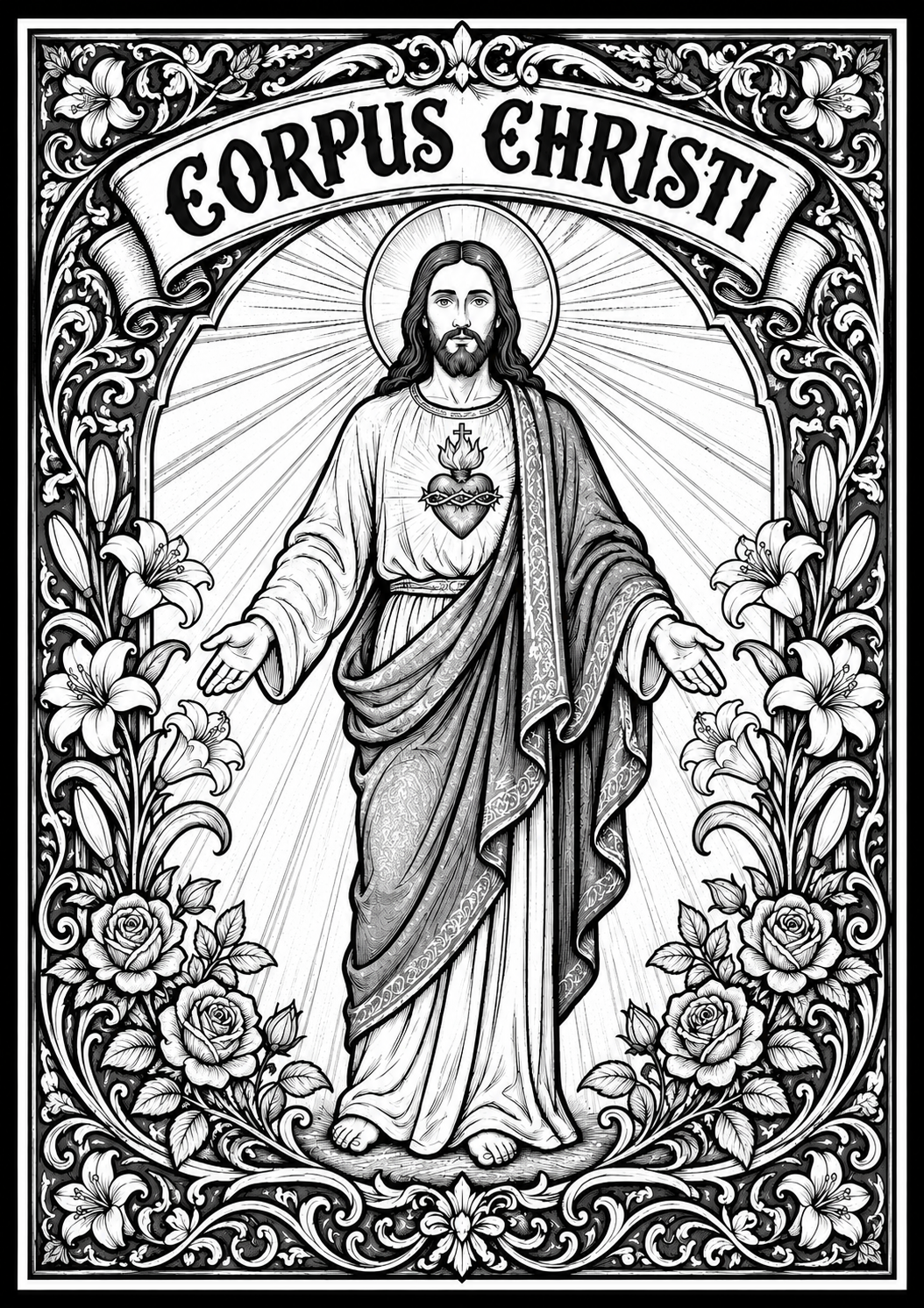 Molde Corpus Christi para colorir — Sagrado Coração com lírios